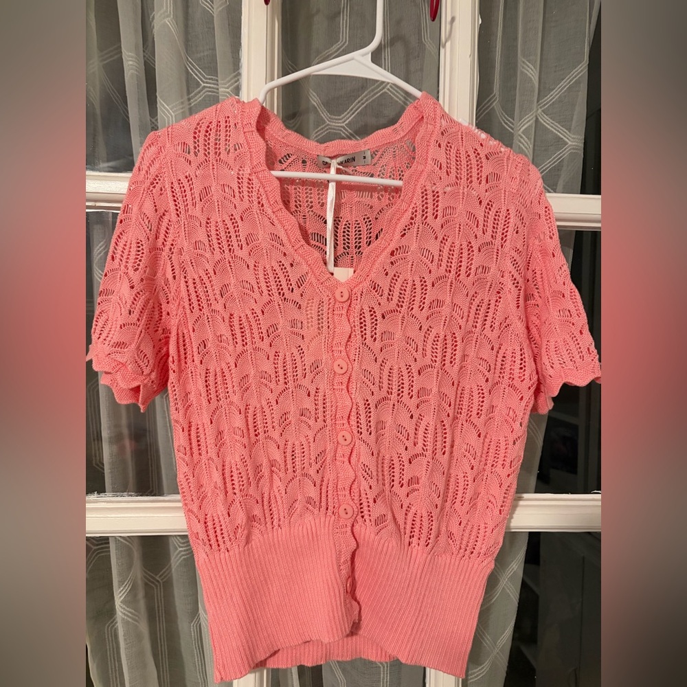 Grace Karin Coral Pink Lace Knit Button-Up Short Sleeve Top